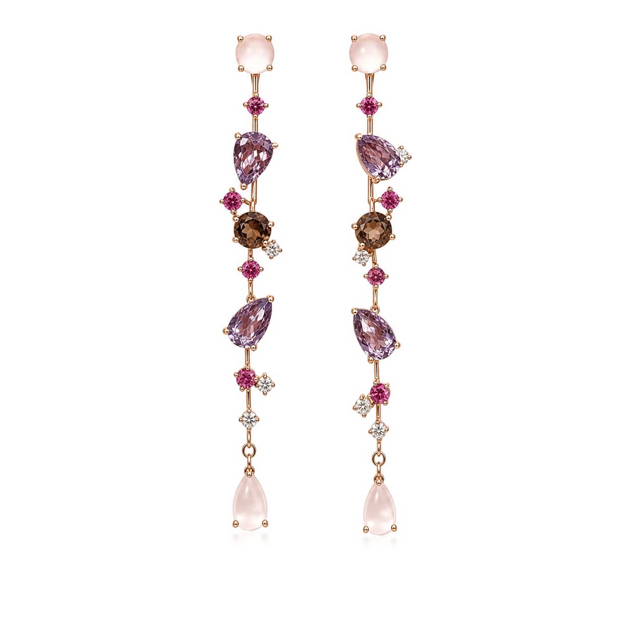 Pendientes largos de oro rosa con piedras de color