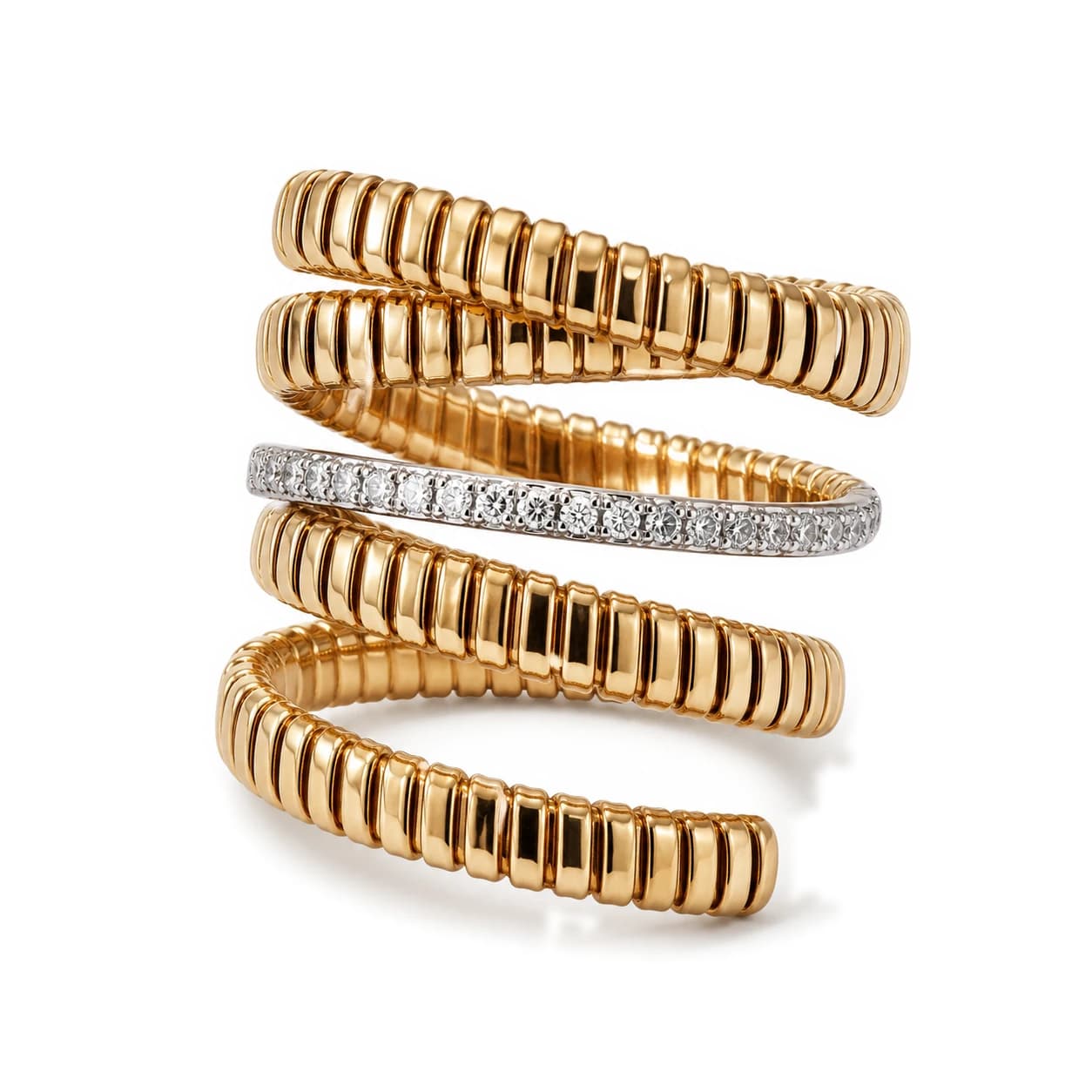 Anillo ancho multibanda de oro y brillantes