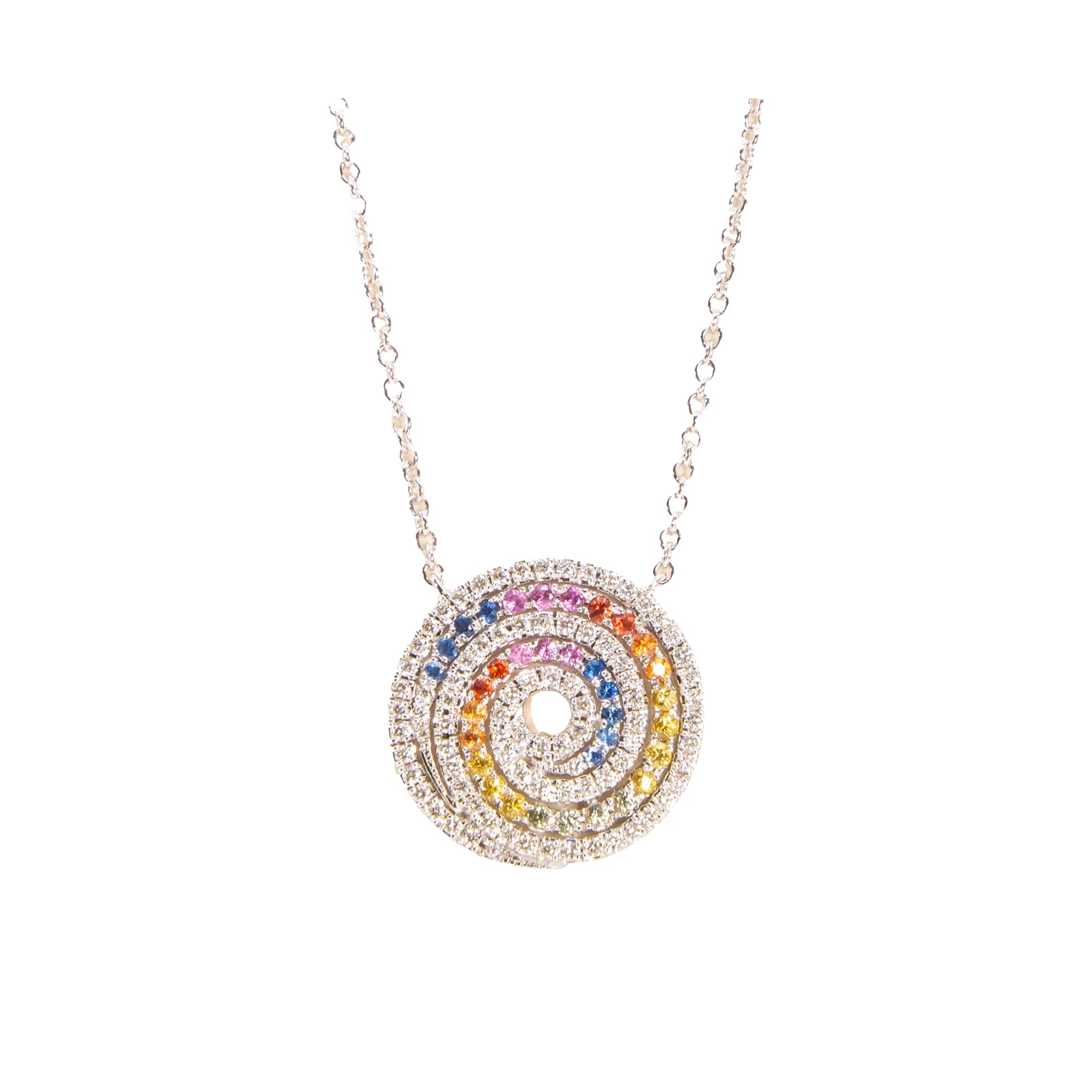 Colgante con cadena oro blanco brillantes y piedras de color