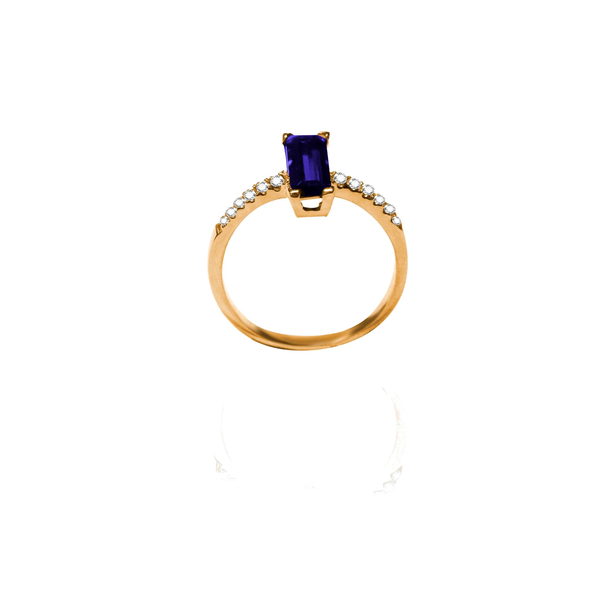 Anillo oro de ley, brillantes y piedra azul