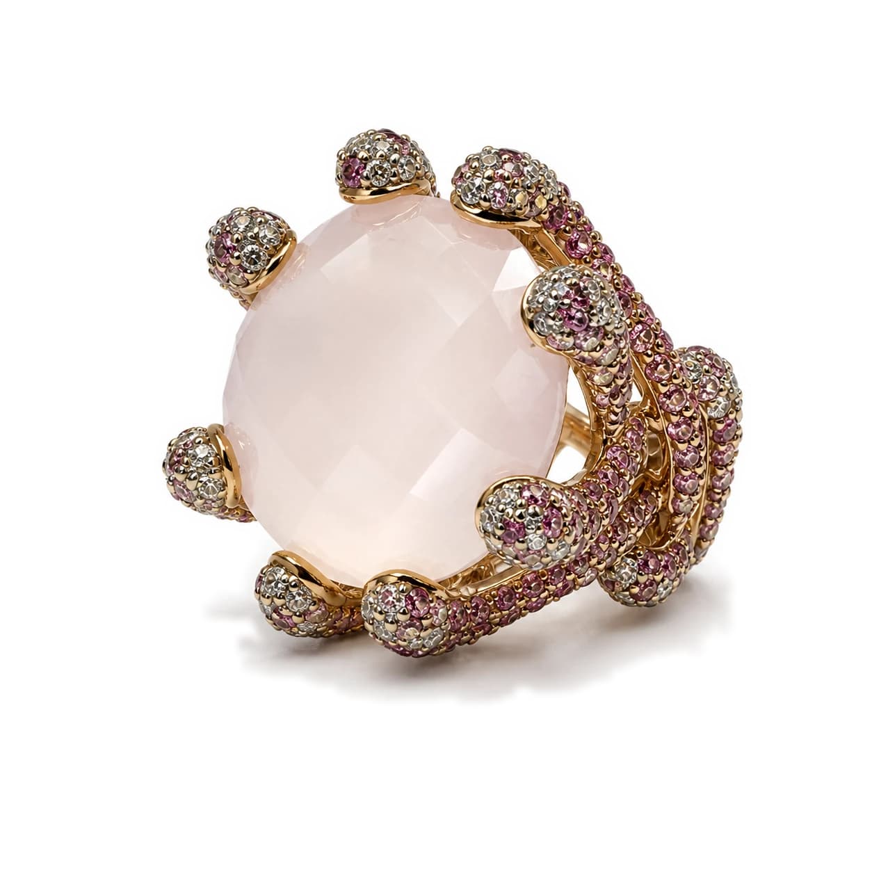 Anillo cóctel de cuarzo rosa y piedras de color