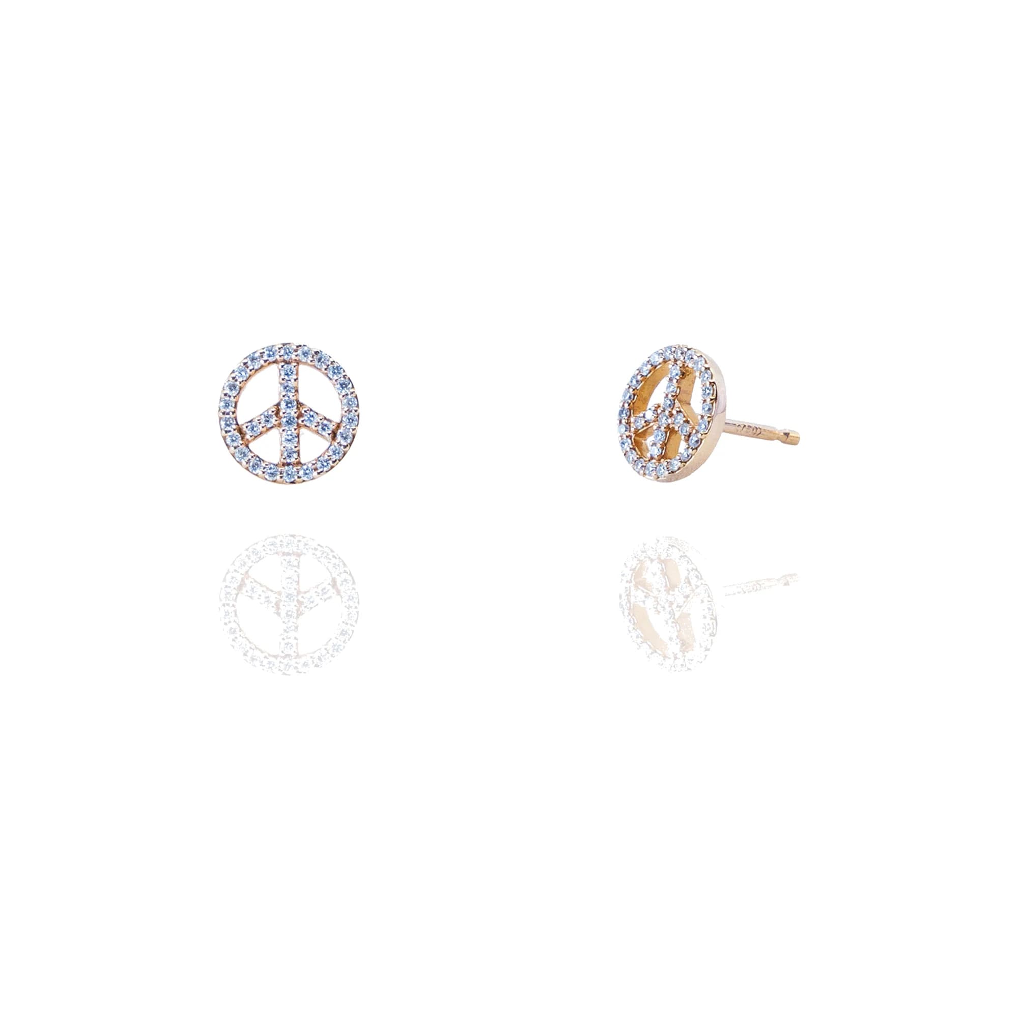 Pendientes con el símbolo de la paz en oro de ley rosa y diamantes engastados.