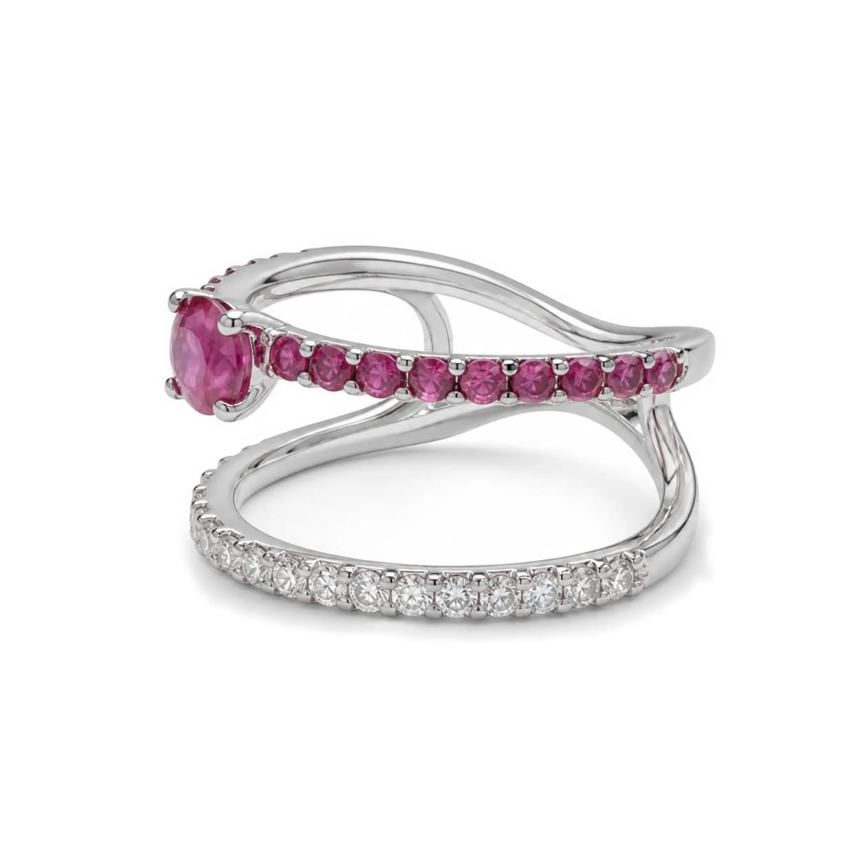 Anillo onda con zafiros rosas y brillantes