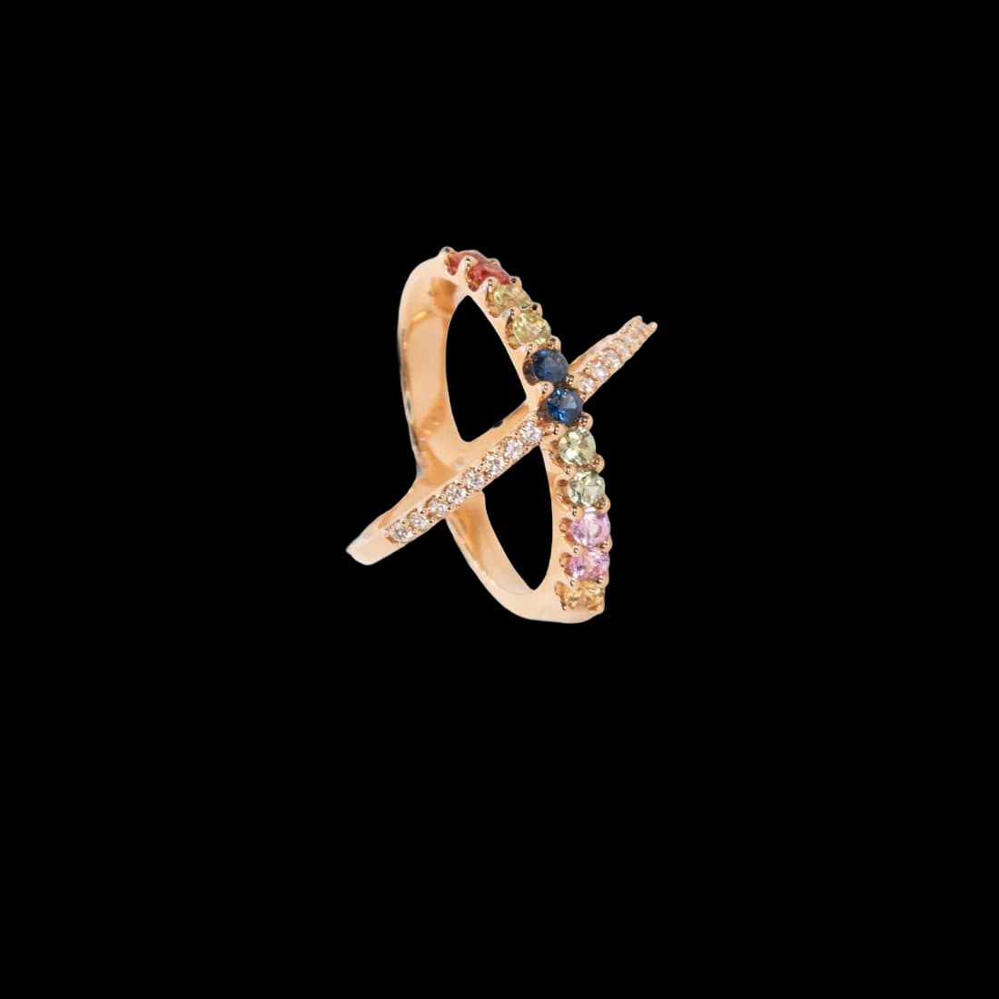 Sortija oro rosa brillantes zafiro y peridotos